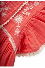 Organik Nakışlı Müslin Kız Elbise 2-10 Yaş Mercan