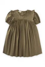 Robadan Fırfır Büzgülü Poplin Elbise 2-7 Yaş Haki Yeşil