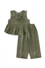 Linen Suit with Embroidered Legs, Khaki Green for 2-7 Years Old Linen Suit with Embroidered Legs, Khaki Green for 2-7 Years Old
