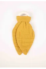 Anneau de dentition en bois et mousseline, jaune moutarde