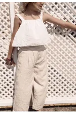 Pileli Keten Bol Pantolon 2-7 Yaş Naturel