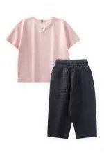 Renkli Lale Baskılı Kız T-Shırt Takım 1-7 Yaş Pudra Pembe