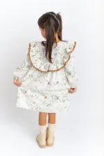 Robe en popeline à volants et dentelle pour enfants de 2 à 7 ans, motif écru