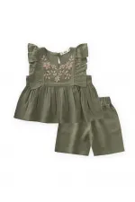 Linen Suit with Embroidered Shorts for 2-7 Years Old Khaki Green