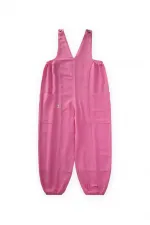 V-Neck Elasticated Linen Overalls for 2-7 Years Pink