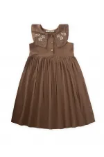 Robe en lin à col brodé, couleur caramel, 2-7 ans