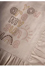 Kare Yaka Yazı Taşlı Keten Elbise 2-7 Yaş Naturel