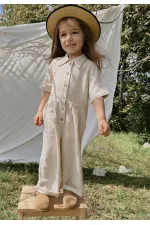 Salopette en lin à taille plissée pour enfants de 2 à 7 ans, couleur naturelle