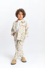 Ensemble en popeline avec col et poche brodés, motif écru, pour enfants de 2 à 7 ans