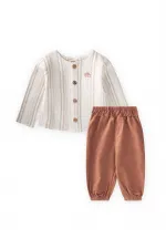Kadife Pantolonlu Gömlek Takım 0-4 Yaş Ekru
