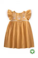 Organik Nakışlı Müslin Kız Elbise 2-10 Yaş Pastel Sarı