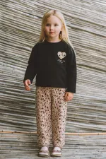 Ensemble pantalon taille haute à manches longues et motifs, tailles 2-8 ans, noir.