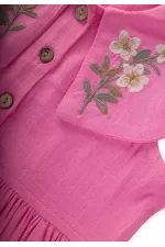 Nakışlı Roba Yaka Keten Elbise 2-7 Yaş Pembe