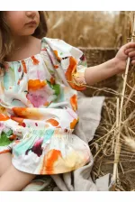 Yaka Kol Lastikli Poplin Elbise 2-7 Yaş Ekru Desenli