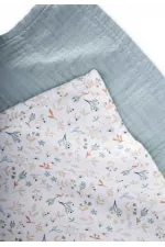 Set of Two Muslin Mouth Cloths, 25x25 cm, Mint Green, Floral Print