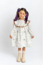 Robe en popeline à volants et dentelle pour enfants de 2 à 7 ans, motif écru