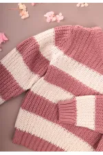 Selanik Çizgili Triko Kazak 2-8 Yaş Gül Kurusu