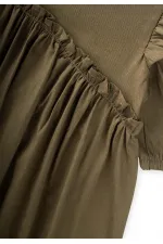 Robadan Fırfır Büzgülü Poplin Elbise 2-7 Yaş Haki Yeşil