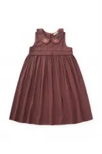 Bebe Yaka Nakışlı Keten Elbise 2-7 Yaş Mürdüm