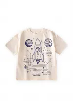 Roket Baskılı T-Shirt 2-12 Yaş Ekru