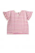 Çizgili Bağlamalı Kız T-Shırt 3-10 Yaş Fuşya Çizgili