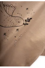 Ensemble jupe et jupe en mousseline beige à imprimé oiseaux et détails en pierre, pour enfants de 2 à 8 ans.