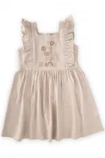Kare Yaka Yazı Taşlı Keten Elbise 2-7 Yaş Naturel