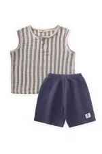 Müslin Bebe Patlı Takım 0-5 Yaş Lacivert Çizgili