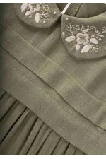 Robe en lin brodée à col bébé pour enfants de 2 à 7 ans, kaki vert