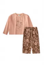 Long-sleeved patterned high-waisted trouser set for ages 2-8, salmon color.