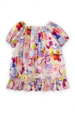 Poplin Dress with Elastic Collar and Sleeves, 2-7 Years Old, Ecru Fuchsia