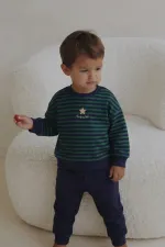 Çizgili Triko Erkek Bebek Takım 0-3 Yaş Haki Lacivert Çizgili