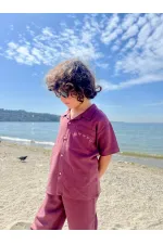 Ensemble chemise et pantalon en lin brodé à poches pour enfants de 2 à 7 ans, couleur prune