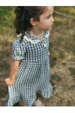 Pöti Kareli Yakalı Elbise 2-10 Yaş İndigo Mavi