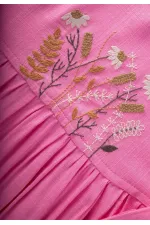 Nakışlı Yandan Bağlamalı Keten Elbise 2-7 Yaş Pembe