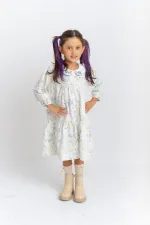 Robe en popeline brodée à col bébé pour enfants de 2 à 7 ans, motif écru