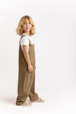 Salopette en lin à jambes larges, couleur caramel, 2-7 ans
