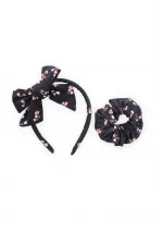 Crown Bow Elastic Hair Clip Set Navy Blue Floral