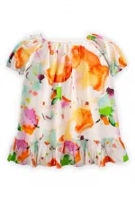 Yaka Kol Lastikli Poplin Elbise 2-7 Yaş Ekru Desenli