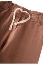 Organic Wide-Fit Muslin Trousers with Ruffled Waistband, Ages 1-8, Light Brown Organic Wide-Fit Muslin Trousers with Ruffled Waistband, Ages 1-8, Light Brown