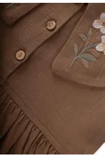 Robe en lin à col brodé, couleur caramel, 2-7 ans