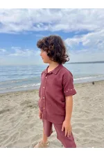 Kolları Nakışlı Gömlek Şort Keten Takım 2-7 Yaş Mürdüm