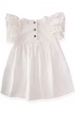 Yaprak Desen Tül Garnili Müslin Elbise 2-8 Yaş Ekru