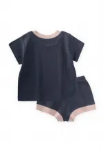 Bird Embroidered Garnished Corduroy Suit 0-5 Years Old Navy Blue