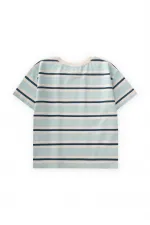 T-shirt à larges rayures brodées pour enfants de 2 à 10 ans, rayures turquoise et bleu marine