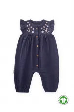 Organik Nakışlı Müslin Tulum 0-3 Yaş Lacivert