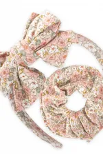Ensemble de pinces à cheveux élastiques à nœud couronne, motif floral beige