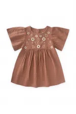 Robe à manches papillon brodée de fleurs, 2-8 ans, marron clair