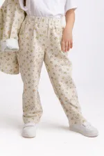 Çiçekli Gabardin Pantolon 2-7 Yaş Ekru Çiçekli