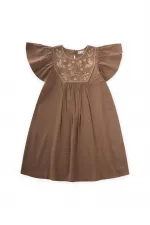 Robe en lin brodé pour enfants de 2 à 7 ans, couleur caramel